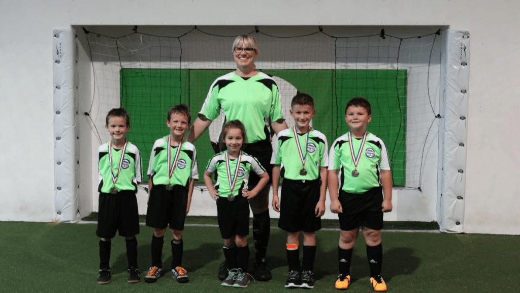 The U8 Ninjas took second place in the Off the Wall Soccer tournament in Jasper Nov. 7. Left to right are Nick Wright, Noah Wright, Lily Newton, Michael Bushey, and Memphis Ayers. Coach is Jennifer Wright. (Contributed photo)
