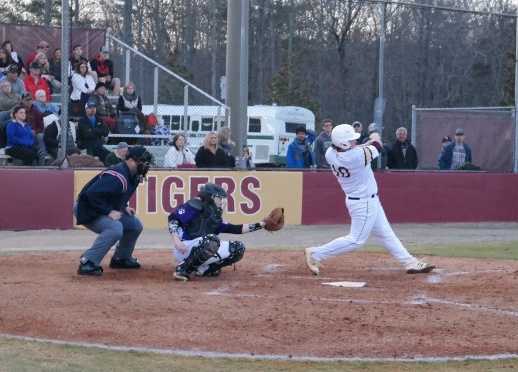 Dawson Tiger Brise Henson makes a connection last Friday against Gilmer. Henson had three RBIs in the game, including the final two, as the Tigers downed the Bobcats 14-4 in six innings. (Photo by: Kevin Hensley)
