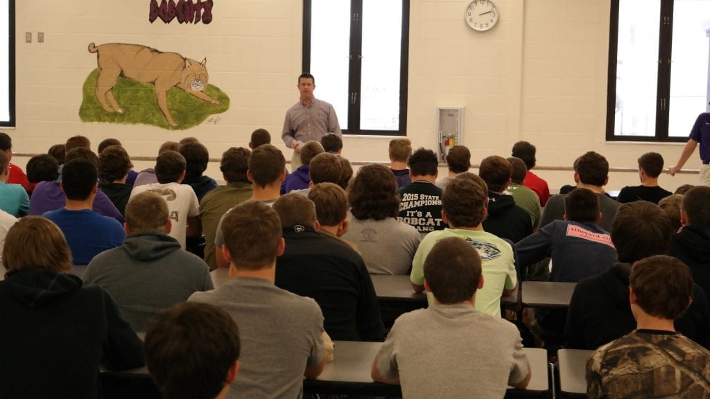 New Gilmer High School football head coach Jason Galt addresses the Bobcats , during his introduction today at GHS. This will be the third head coaching position for Galt, who previously led Dutchwood and North Forsyth to state playoff appearances.