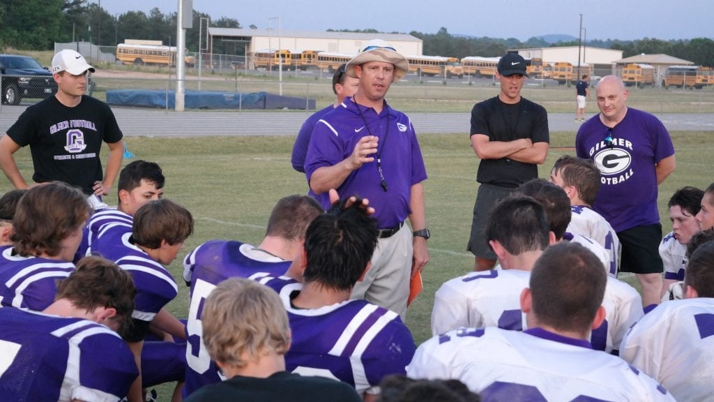 New Bobcats head coach Jason Galt addresses his players, after the annual Purple and White Scrimmage game yesterday at Clear Creek Middle School. (Photo by: Kevin Hensley)