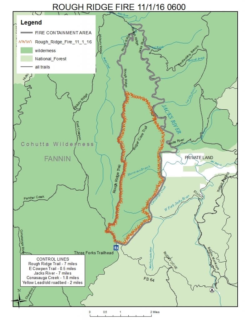 Map showing location of Rough Ridge fire. Orange outlines the shape of the fire. Dark brown shows the fire containment lines USFS is using.